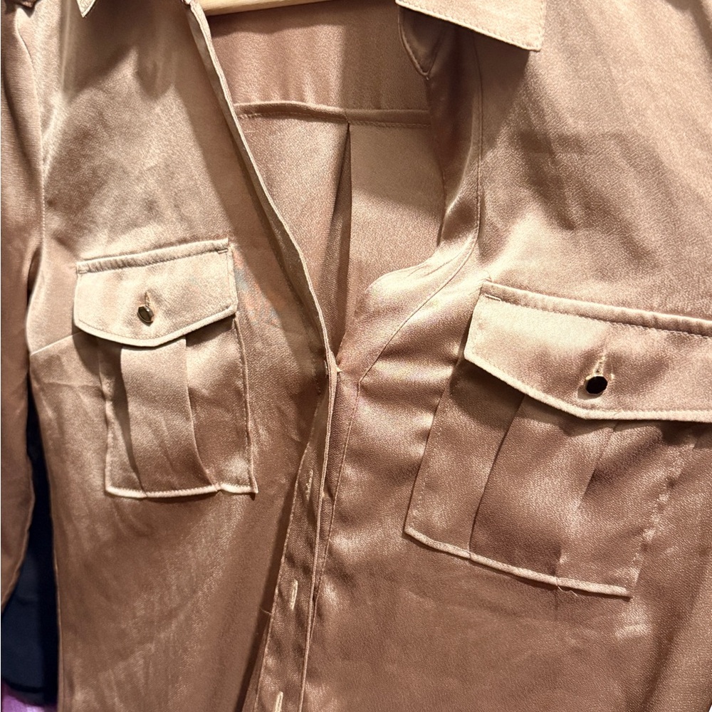 Express Tan Satin Button Down Shirt